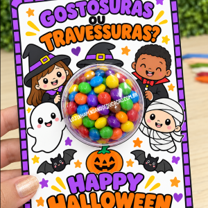 Cartão de Halloween com doces coloridos